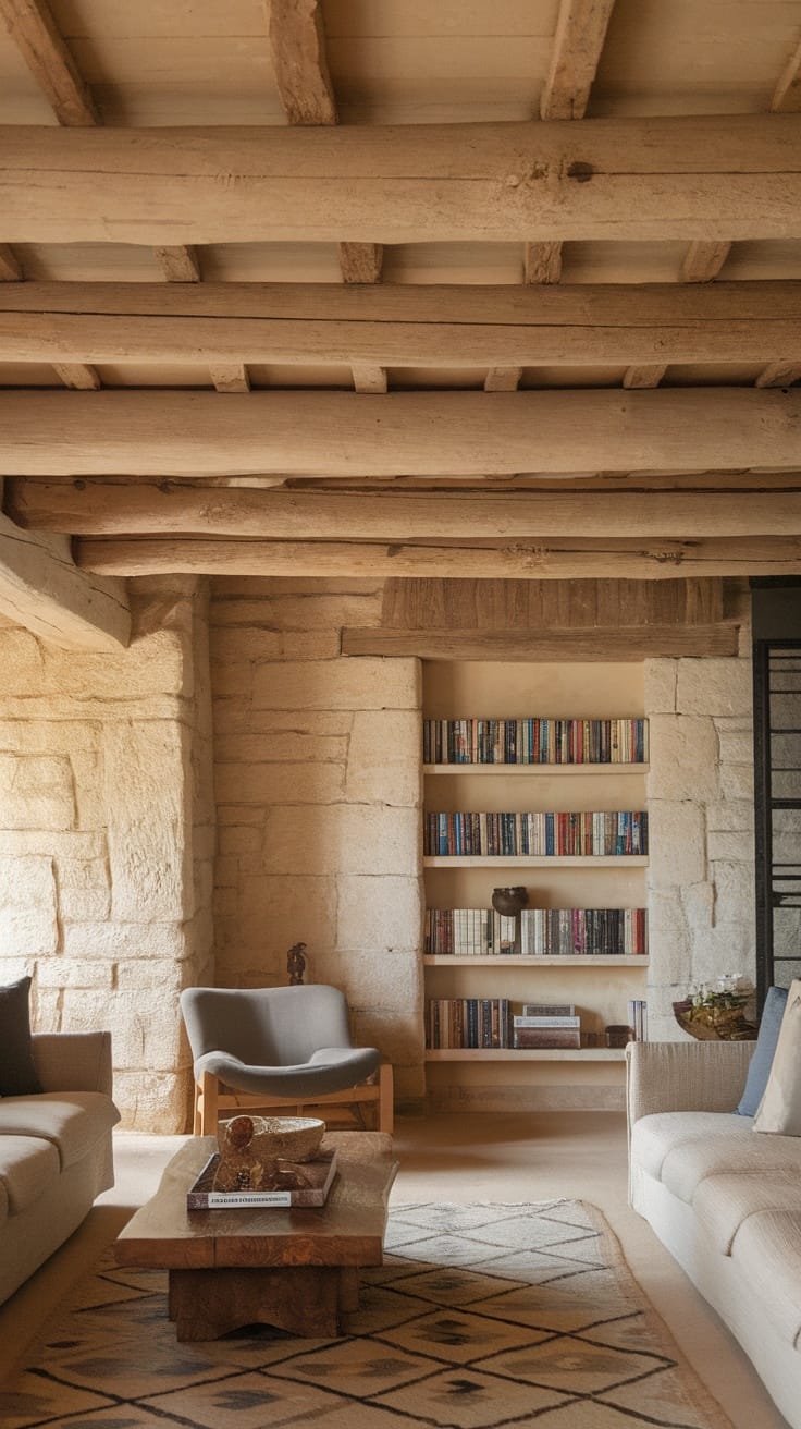 A cozy living room featuring stone walls, wooden beams, and natural furniture.