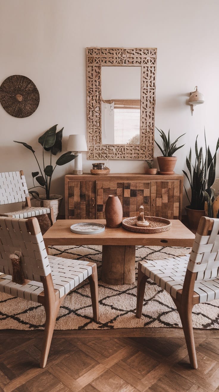Cozy Boho living room featuring natural wood furniture, woven chairs, and plants.
