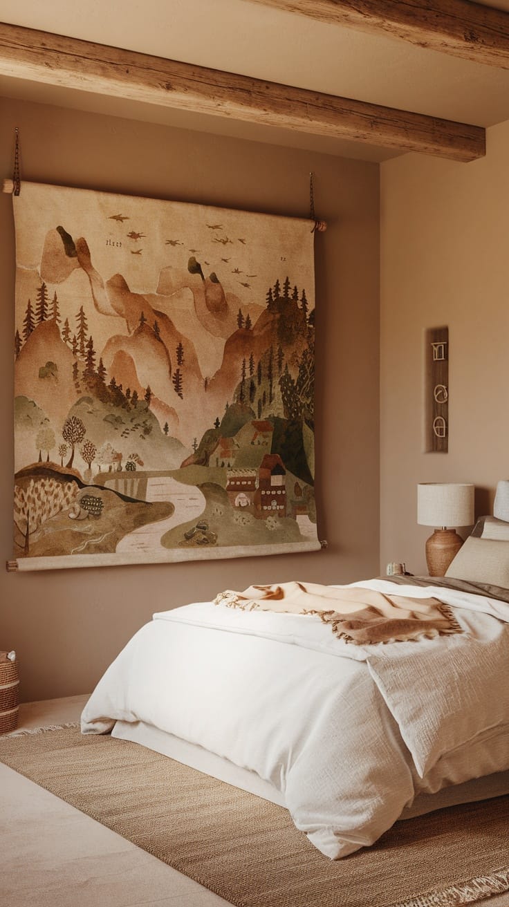 A serene nature-inspired tapestry hanging on a wall in a cozy bedroom, featuring mountains, trees, and quaint homes.