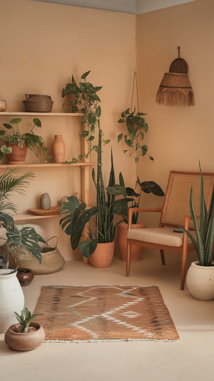 A cozy room with peach walls, plants in terracotta pots, a comfortable chair, and a patterned rug.