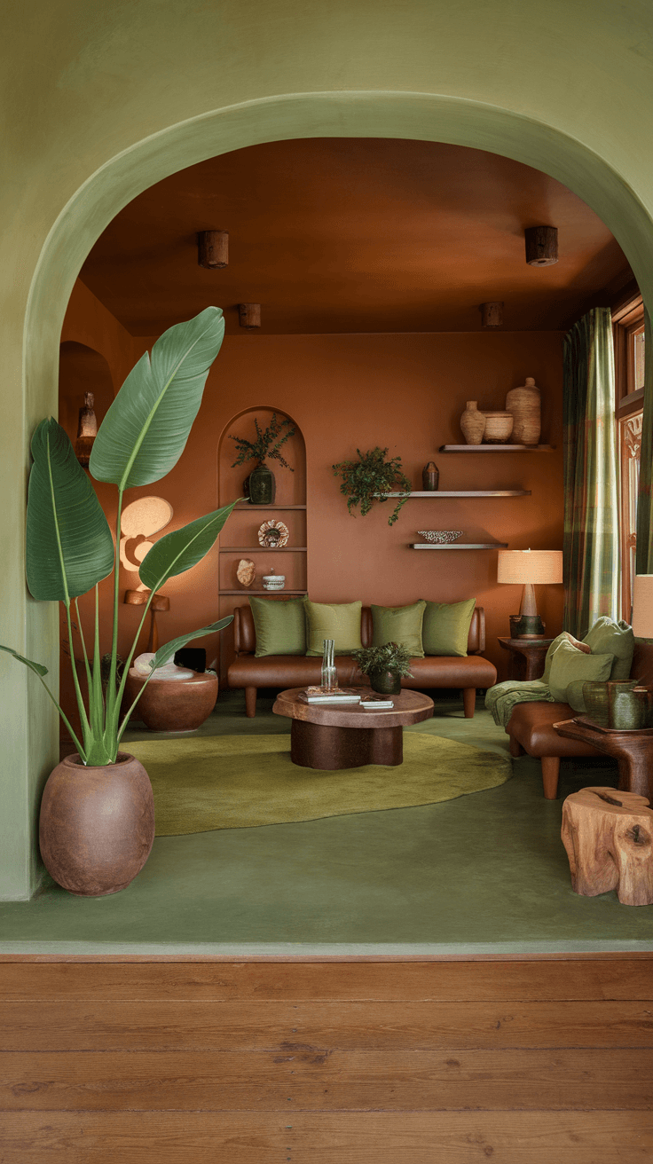 Cozy living room with green and brown tones, featuring plants and modern furniture