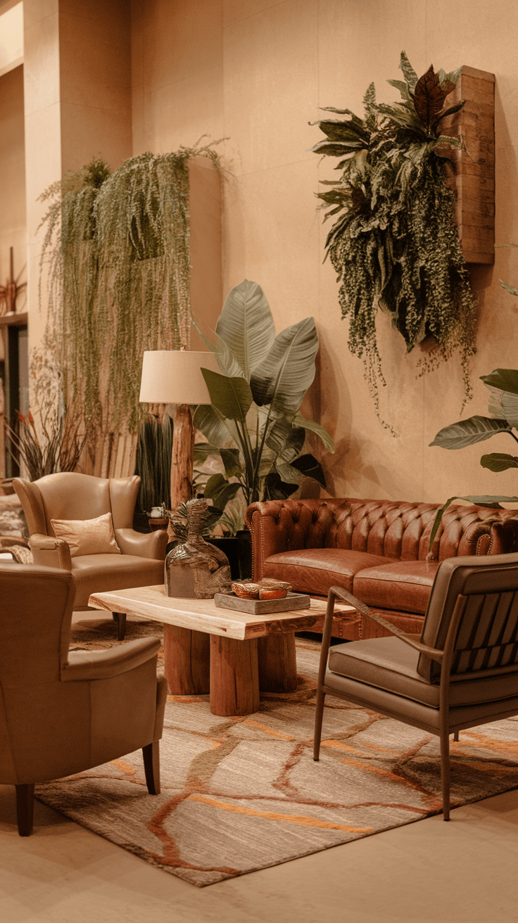 A cozy living room with a nature-inspired palette, featuring plants, leather furniture, and warm tones.