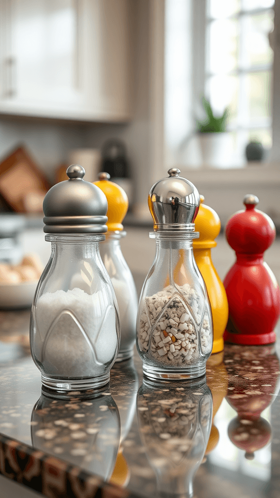 A pair of glass salt and pepper shakers on a kitchen counter, one filled with coarse salt and the other with sugar.
