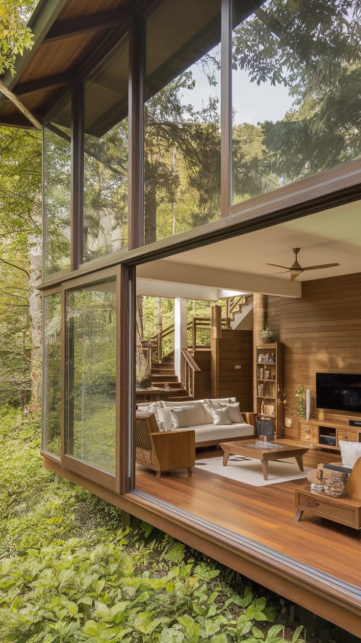 A spacious living room with large glass walls, wooden furniture, and a view of surrounding trees.