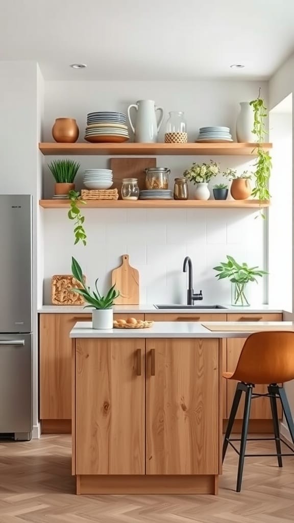 Open shelving above kitchen island displaying plates, plants, and decorative items in a modern kitchen.