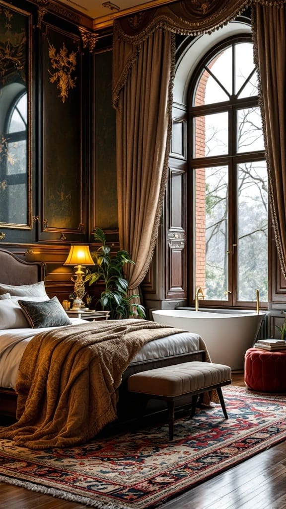 An elegant master suite with a large bed, decorative rug, and luxurious curtains by a window.
