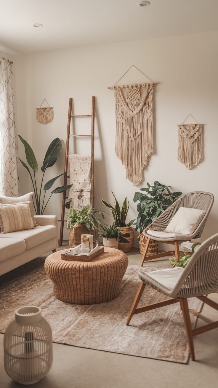 A cozy Boho living room featuring natural decor elements like plants, macramé wall hangings, a textured coffee table, and light-colored furniture.