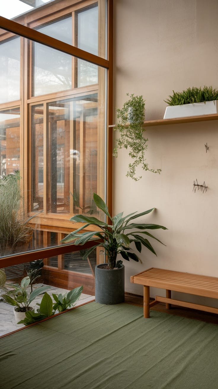 A bright living room with large windows, wooden elements, and plants, showcasing an earthy and minimalist decor style.