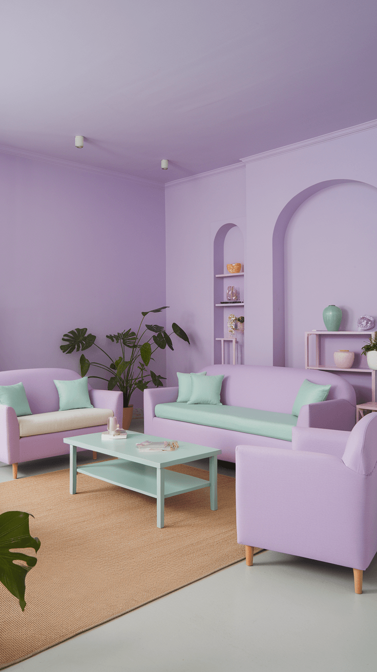 A pastel-colored living room with lavender walls and mint green furniture.