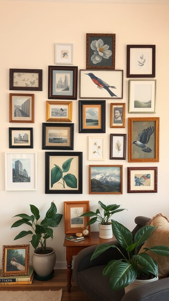 A cozy interior featuring a wall adorned with various framed artworks, accompanied by indoor plants and a comfortable chair.