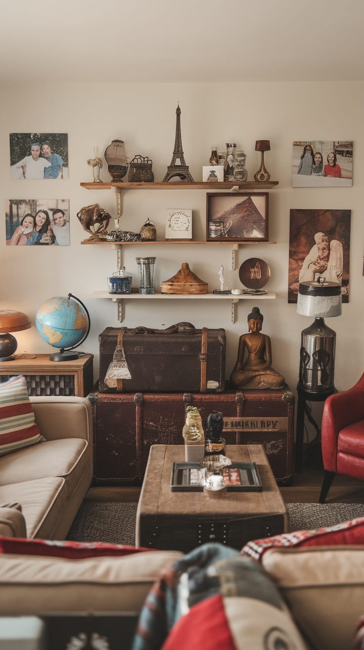 Cozy living room with personal decor items, family photos, and eclectic furniture.
