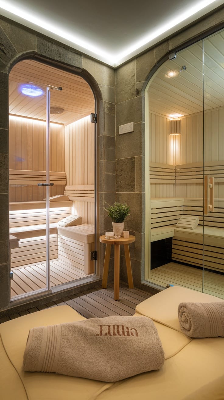 A modern spa-like bathroom with a sauna, wooden elements, and cozy decor.