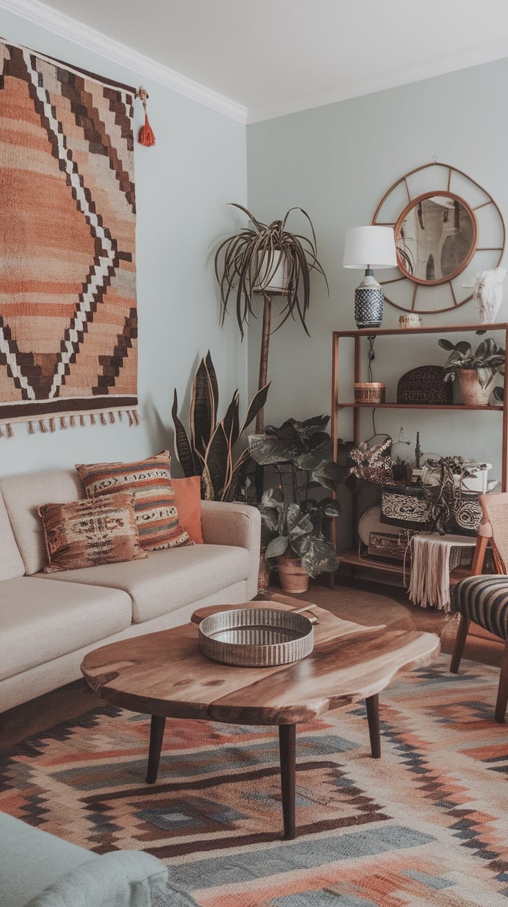A cozy Boho living room featuring a woven wall hanging, colorful pillows, plants, a wooden coffee table, and eclectic decor.