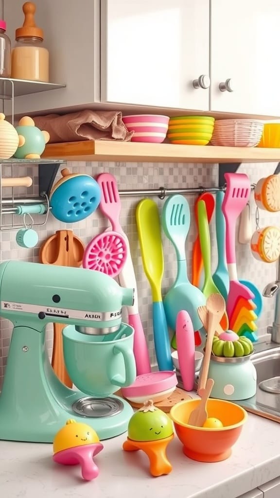 A playful kitchen filled with colorful gadgets and utensils including a stand mixer, bowls, and spatulas.