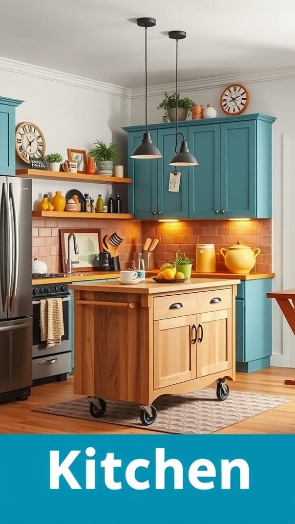 A cozy kitchen featuring a portable wooden island on wheels with teal cabinets.
