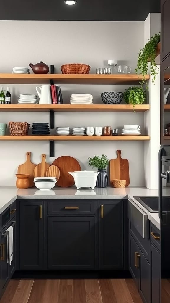 A modern French cottage kitchen with open wooden shelves, organized dishes, and decorative storage solutions.