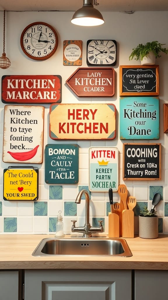 A collection of quirky kitchen signs and clocks on a wall, creating a lively kitchen atmosphere.