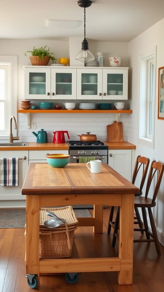 A wooden kitchen island on wheels with colorful bowls, next to a well-organized kitchen.