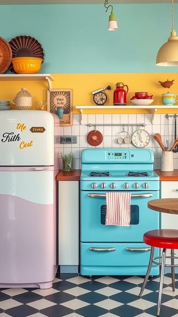 A bright retro kitchen featuring a pink fridge and a blue stove, with colorful decor and shelves.