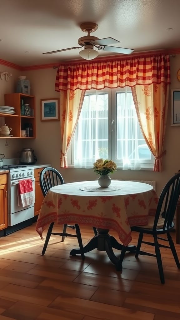 A cozy kitchen featuring a round table with a patterned tablecloth and matching curtains, creating a warm and inviting atmosphere.