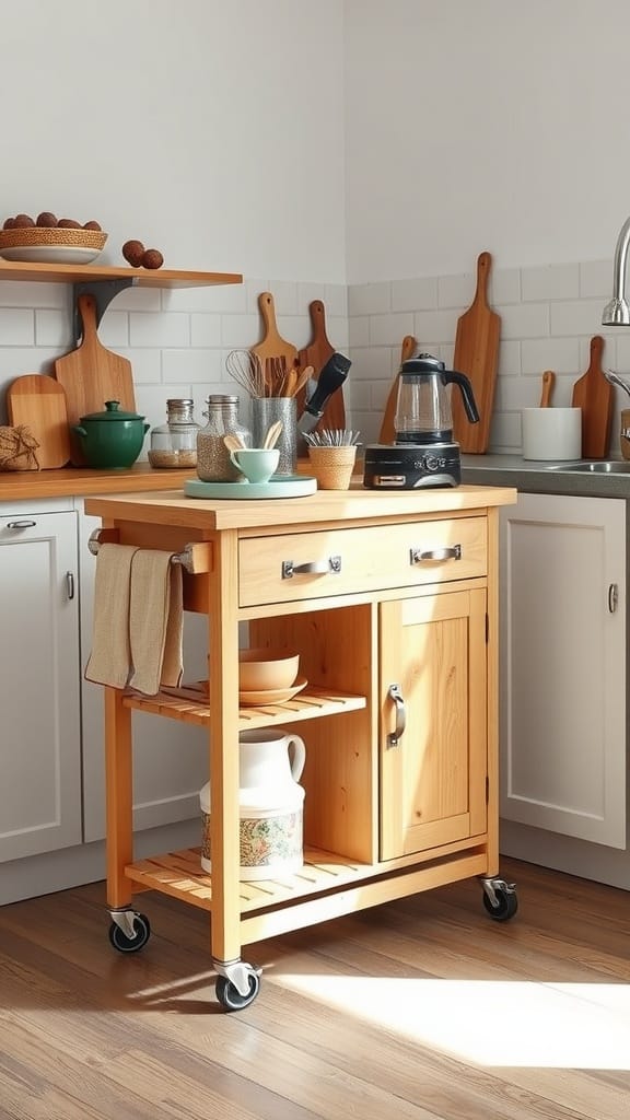 A wooden rolling island cart in a small kitchen, showcasing added storage and workspace.