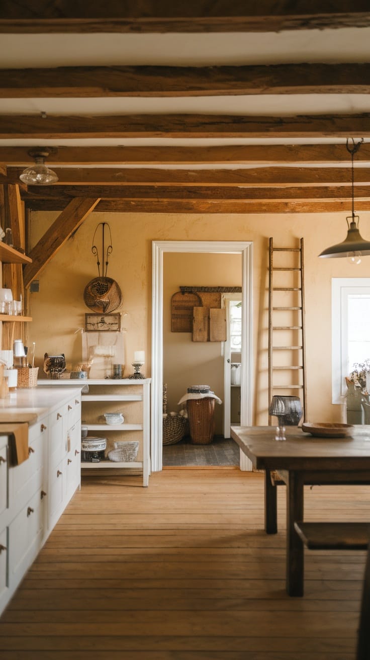 A rustic farmhouse kitchen featuring wooden beams, white cabinetry, and natural decor elements.