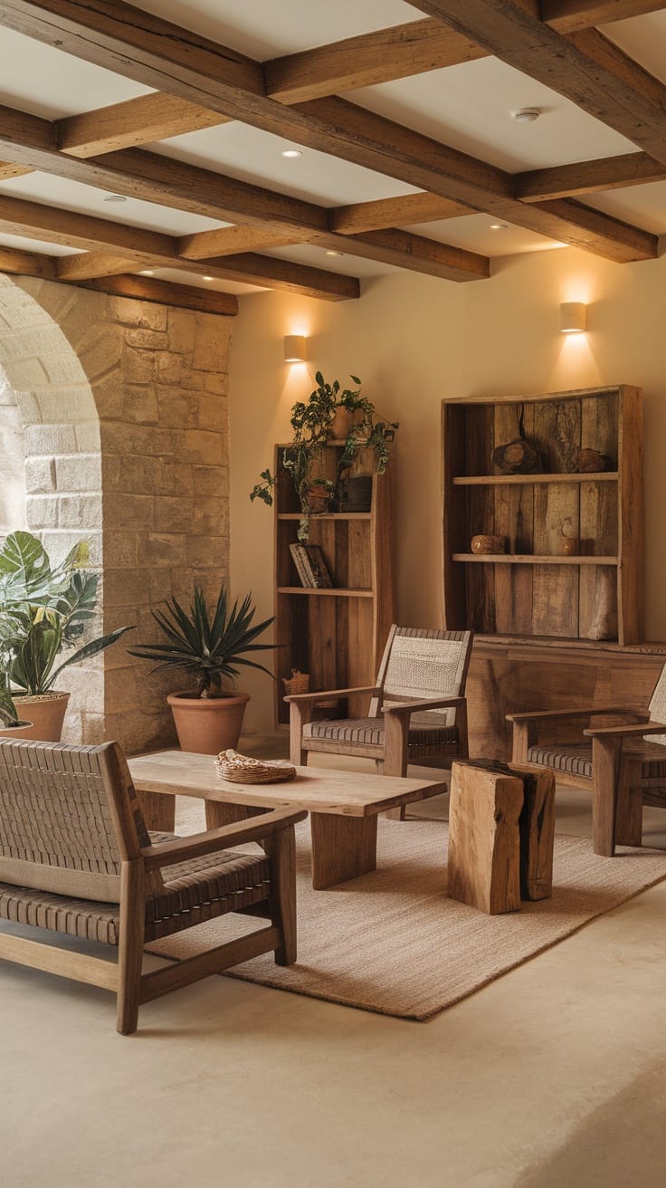 A rustic living room featuring wooden furniture, plants, and earthy tones, creating a cozy and inviting atmosphere.