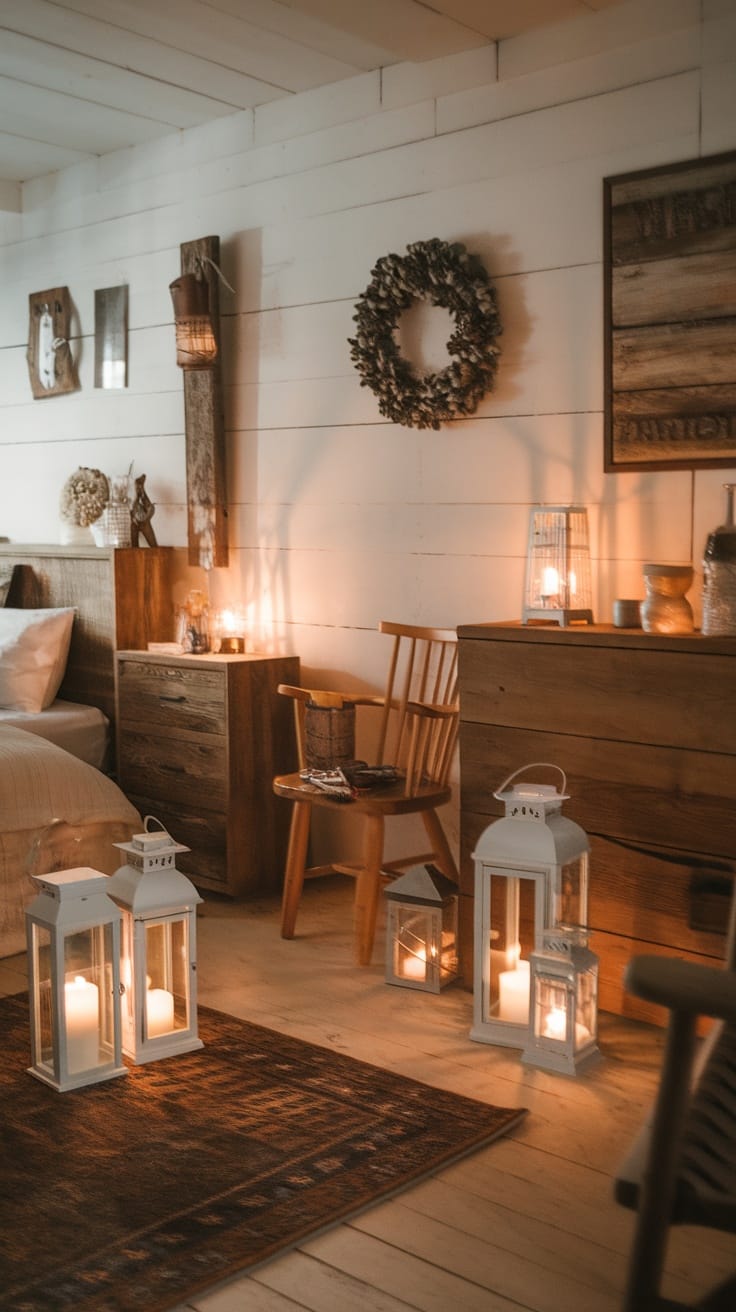 Cozy bedroom with rustic lanterns and candles, emphasizing cottagecore aesthetic.
