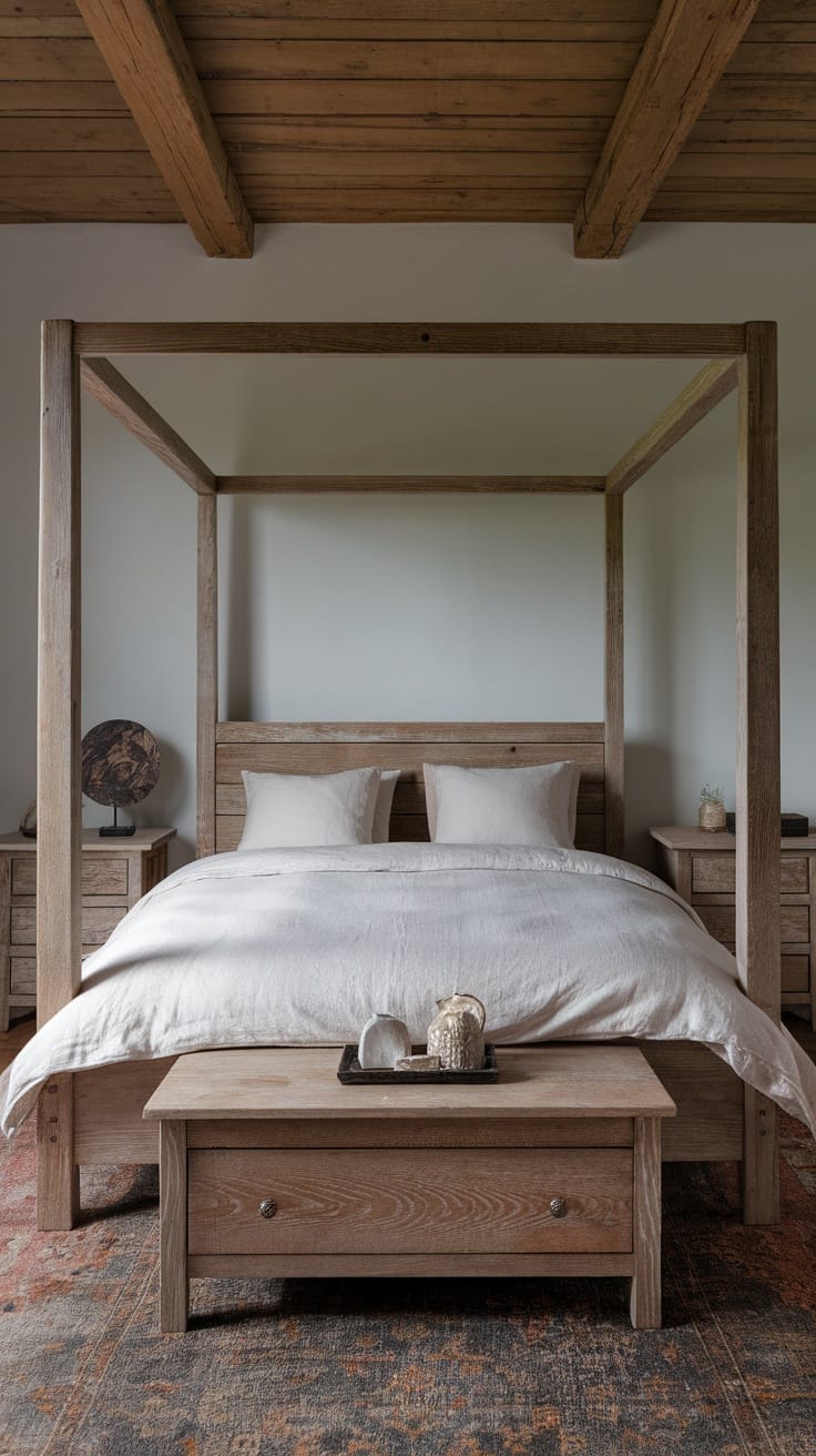 A rustic wooden bedroom featuring a four-poster bed, wooden side tables, and cozy decor elements.