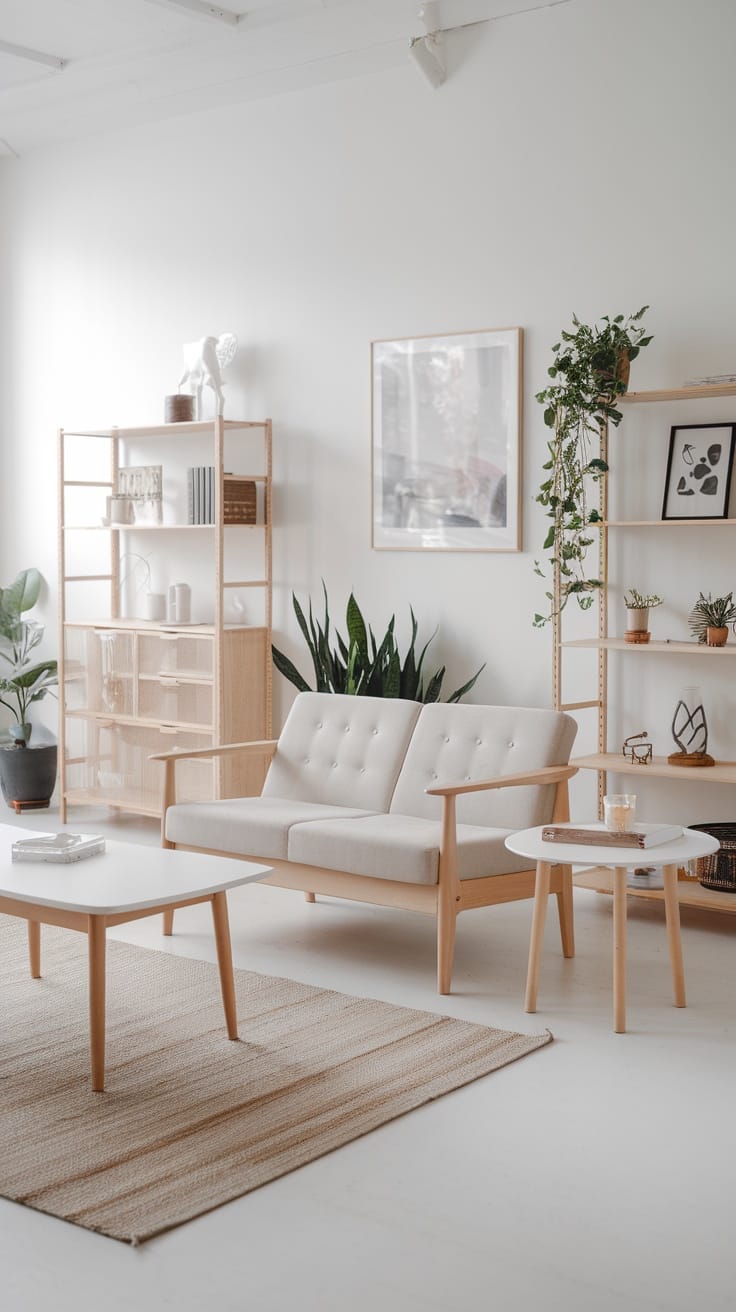 A minimalist Scandinavian living room featuring a light sofa, wooden furniture, and indoor plants.