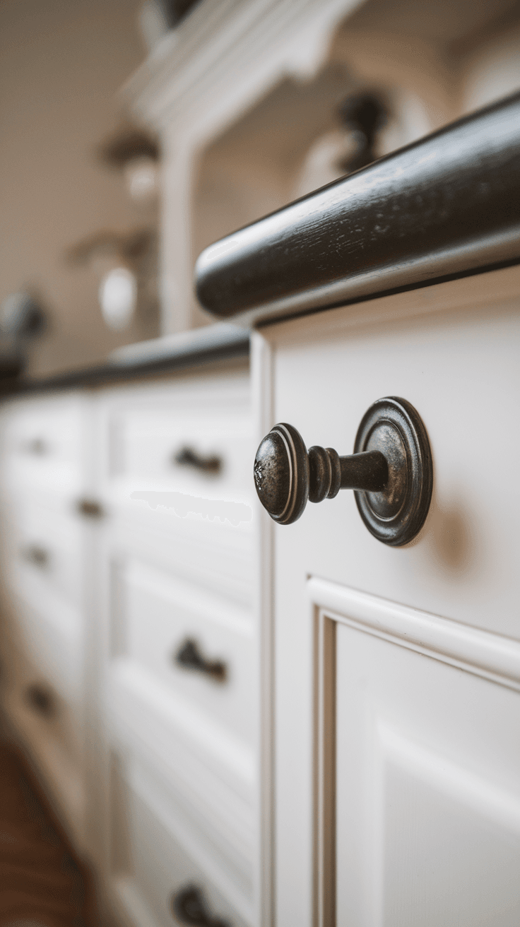 Close-up of cabinet hardware in a white and black modern kitchen