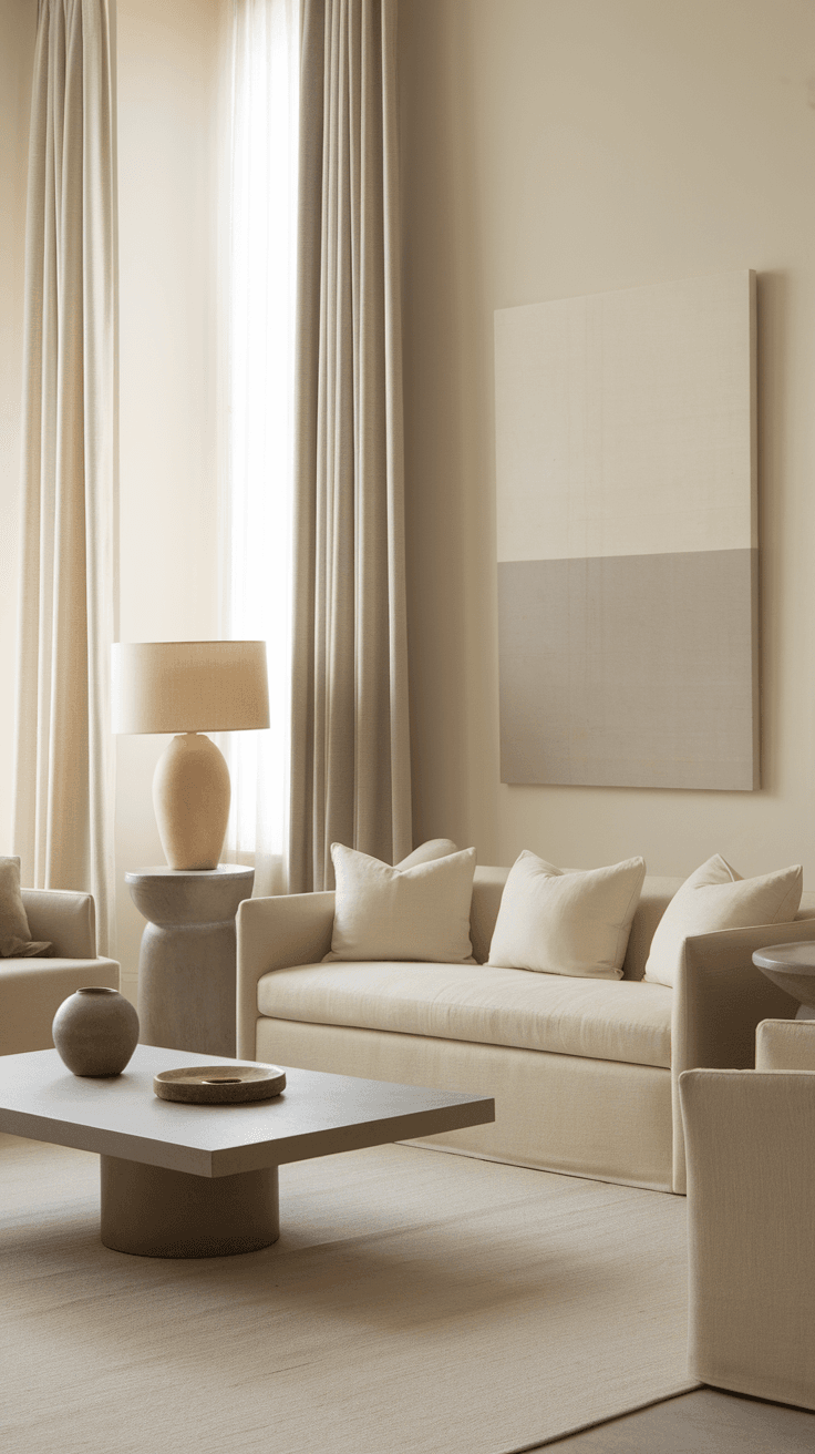 A serene living room showcasing neutral tones with mid-century modern furniture, soft pillows, and natural light.
