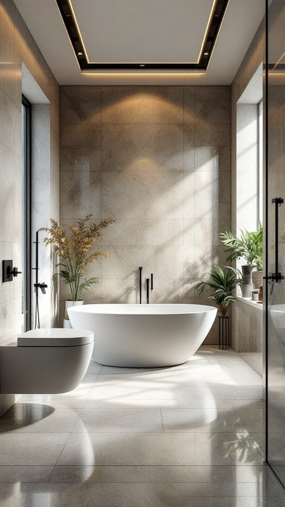 A serene bathroom featuring a freestanding tub, modern fixtures, and plants.