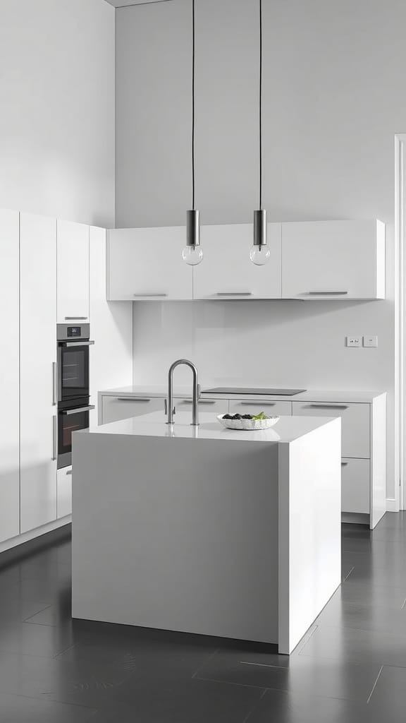 A sleek minimalist kitchen island in a small kitchen with white cabinetry