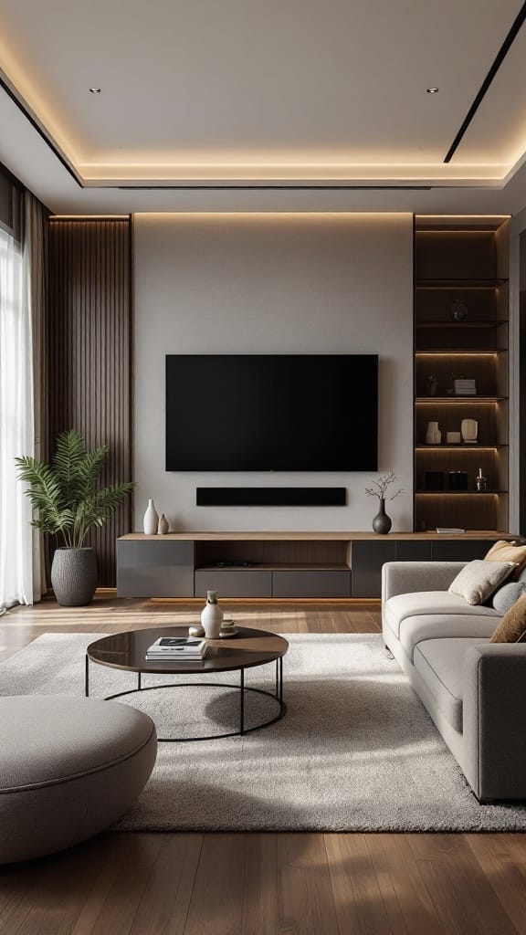 A modern living room featuring a wall-mounted TV, stylish furniture, and soft ceiling lighting.