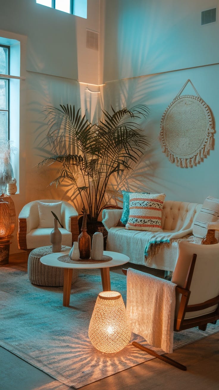 A cozy Boho living room with soft ambient lighting, featuring a stylish lamp, plants, and neutral decor.