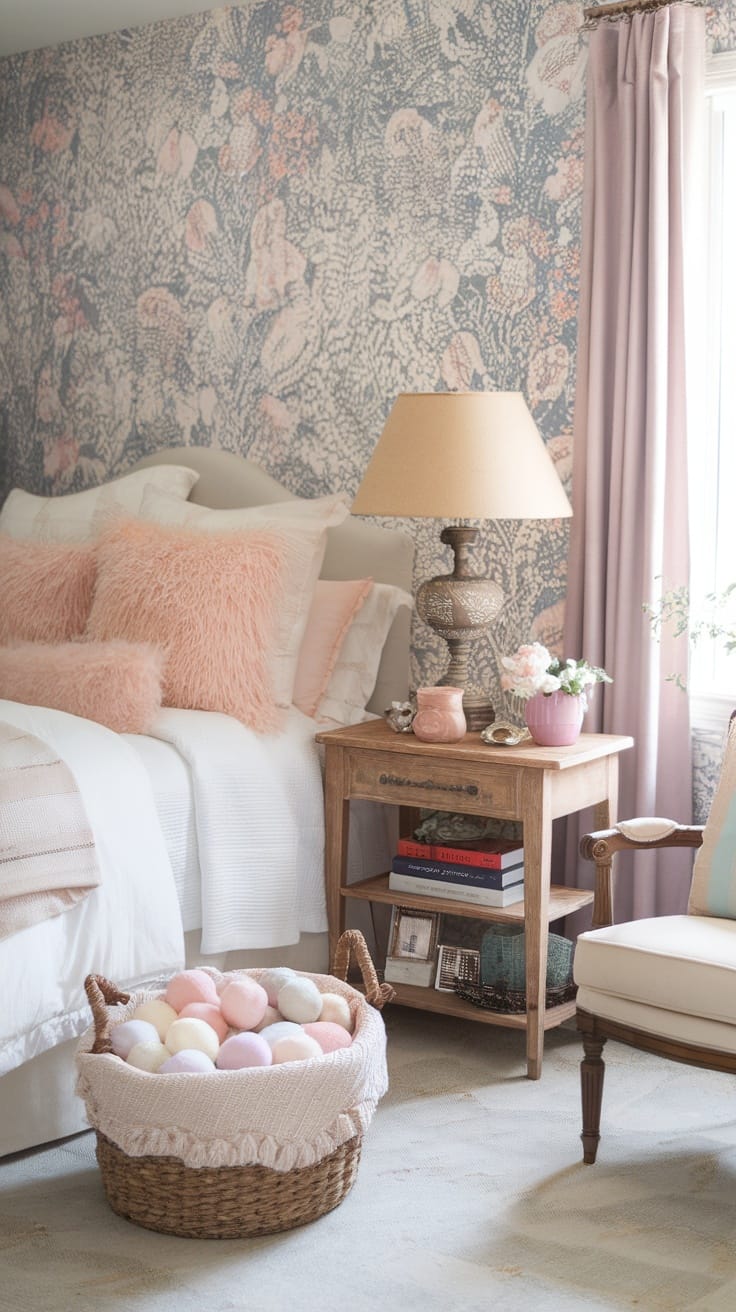 A cozy cottagecore bedroom with pastel colors, floral wallpaper, fluffy pillows, and a wicker basket.