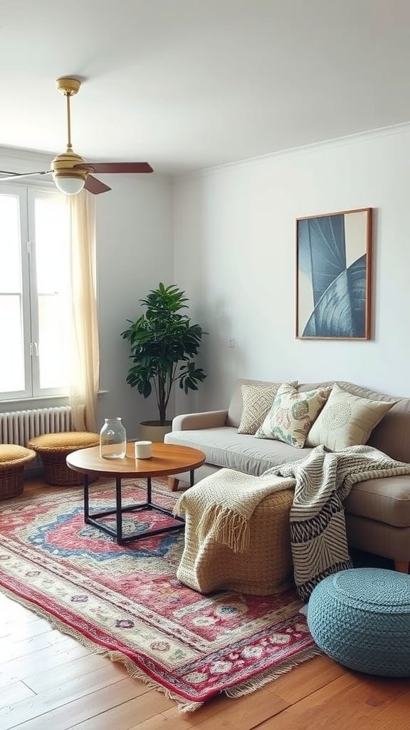 A cozy living room featuring a sofa with textured pillows, a woven rug, a wooden coffee table, and a potted plant, showcasing modern French cottage interior design.