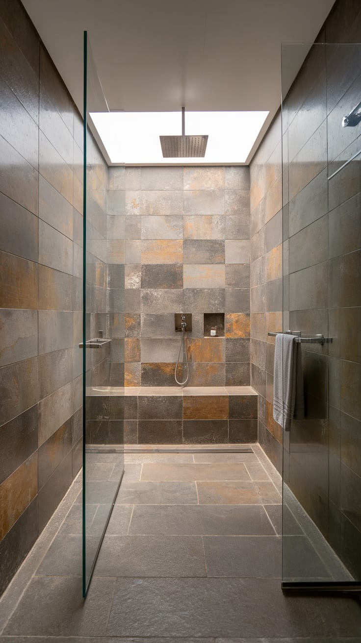 A modern wet room with natural stone walls and large rainfall showerhead, featuring abundant natural light.
