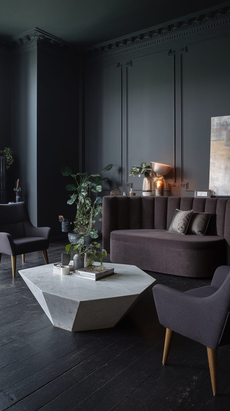 Moody living room with unique furniture pieces and plants.