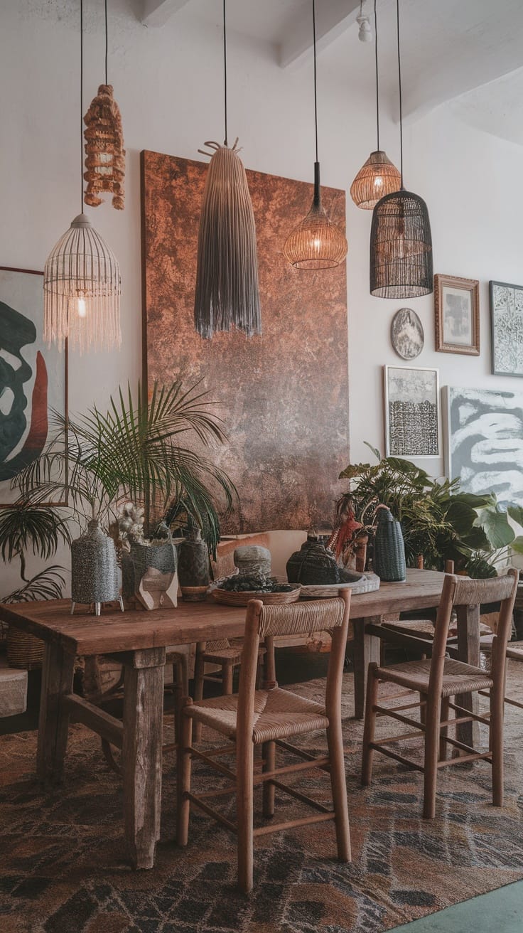 A cozy Boho living room with various statement lighting fixtures hanging above a wooden table, surrounded by plants and decor