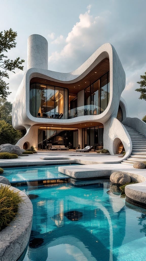 Modern luxury home with unique architectural design and a pool