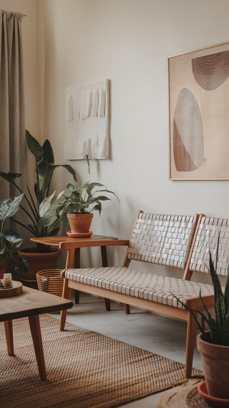 A minimalist earthy living room featuring wooden furniture, plants, and natural decor.