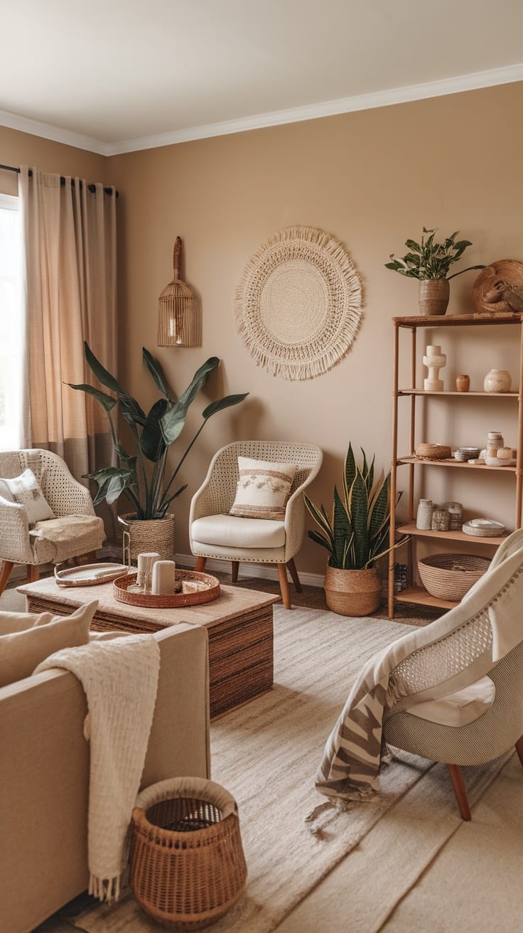 A cozy Boho living room featuring natural materials and houseplants, showcasing sustainable decor choices.