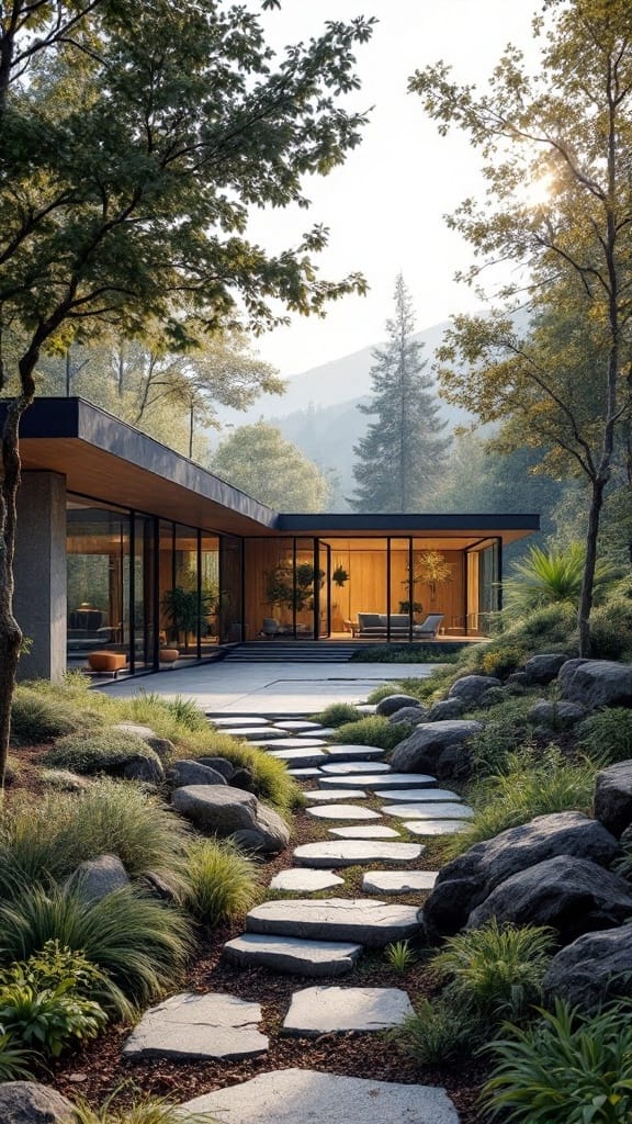 A modern luxury home with large windows surrounded by trees and a stone pathway.