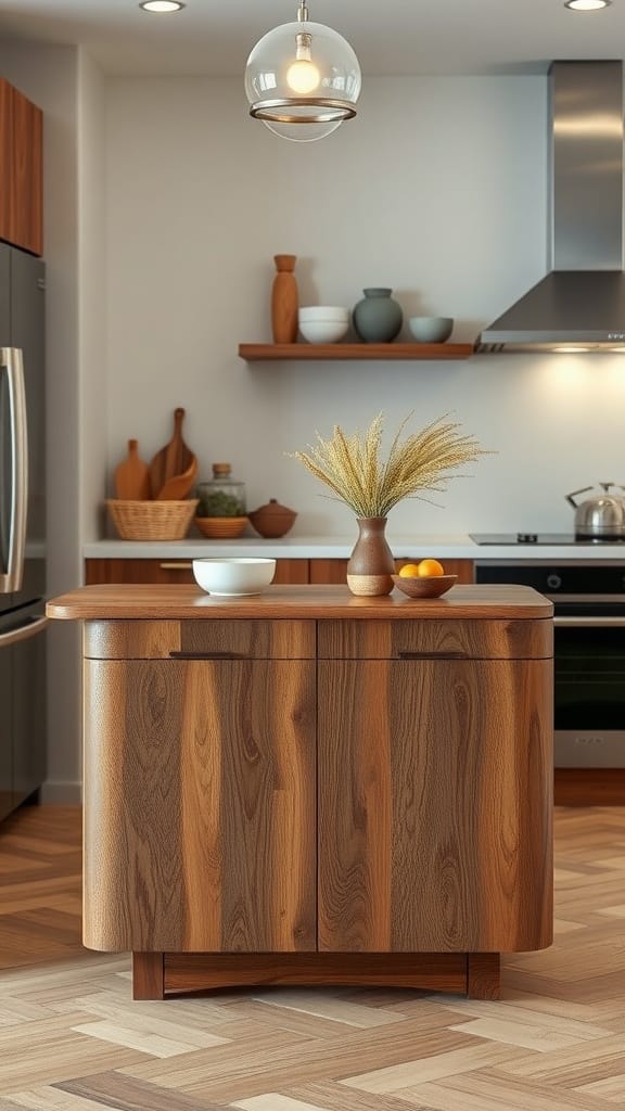 A modern kitchen island with textured wooden surfaces, featuring rounded edges and a cozy vibe, set in a small kitchen setting.