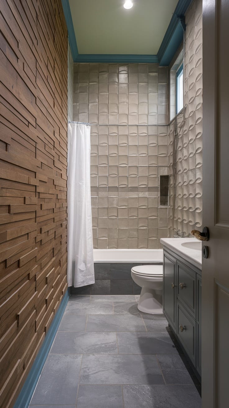 A modern luxury bathroom featuring textured wall treatments with wooden panels and light-colored tiles.