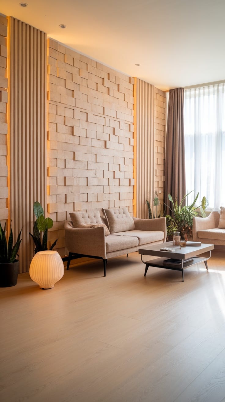 A modern living room featuring a textured wall, soft lighting, and stylish furniture.