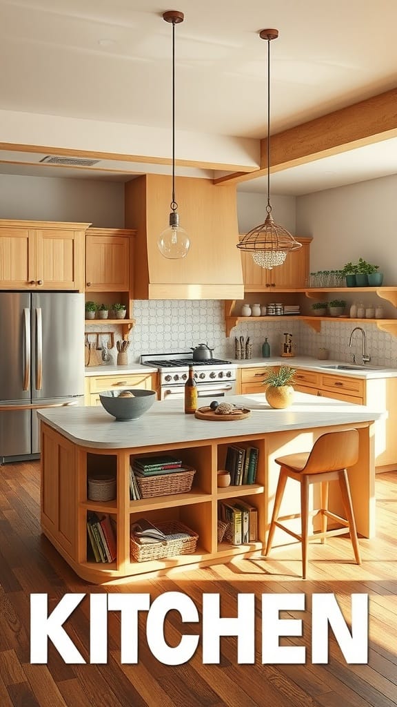 A cozy kitchen featuring a tiered island with wooden shelves and seating