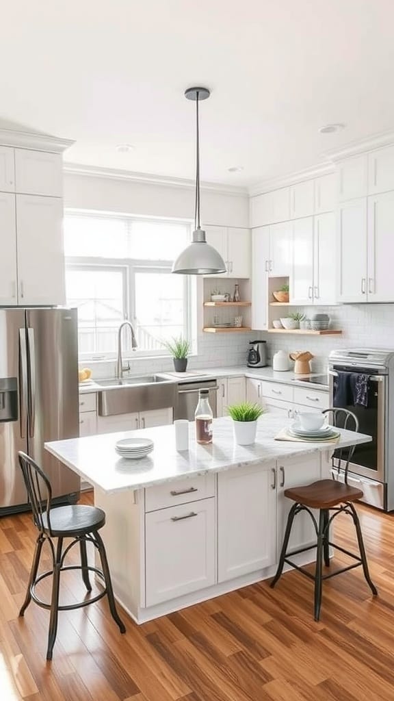 A bright and modern U-shaped kitchen island in a small kitchen, featuring white cabinets, a marble countertop, and wooden flooring.